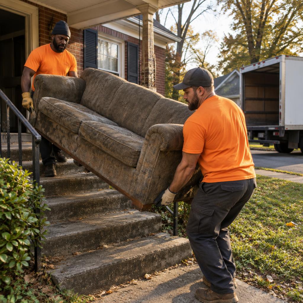 Alfa crew carrying a heavy couch down the porch steps of a Tennessee home