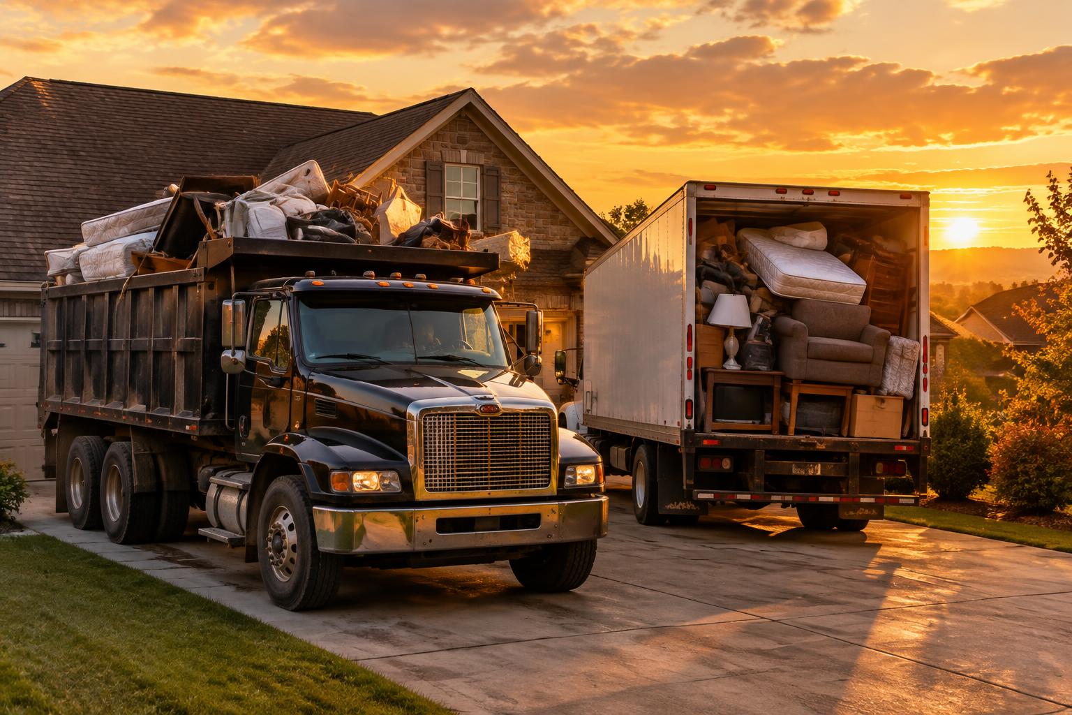Trucks loaded with a full house of furniture and debris parked outside a Tennessee home